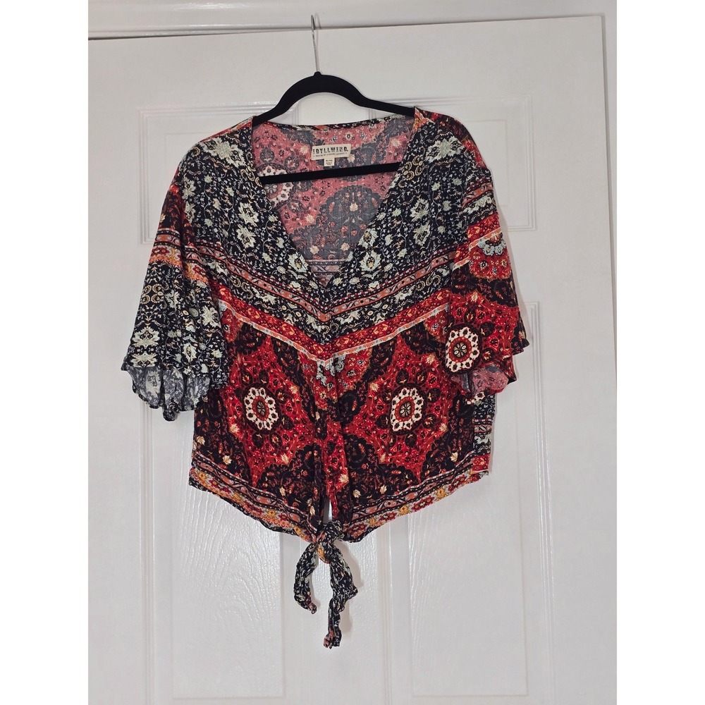 Idyllwind Miranda Lambert Boho Cowgirl Paisley Front Tie Cropped Top XL Red Blue